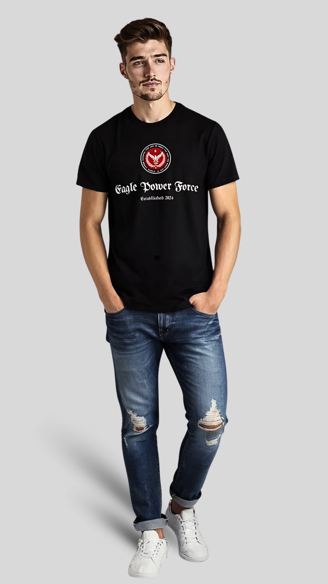 Semi-frontal angle – Eagle Power Force Boys’ black heavy cotton youth streetwear T-shirt