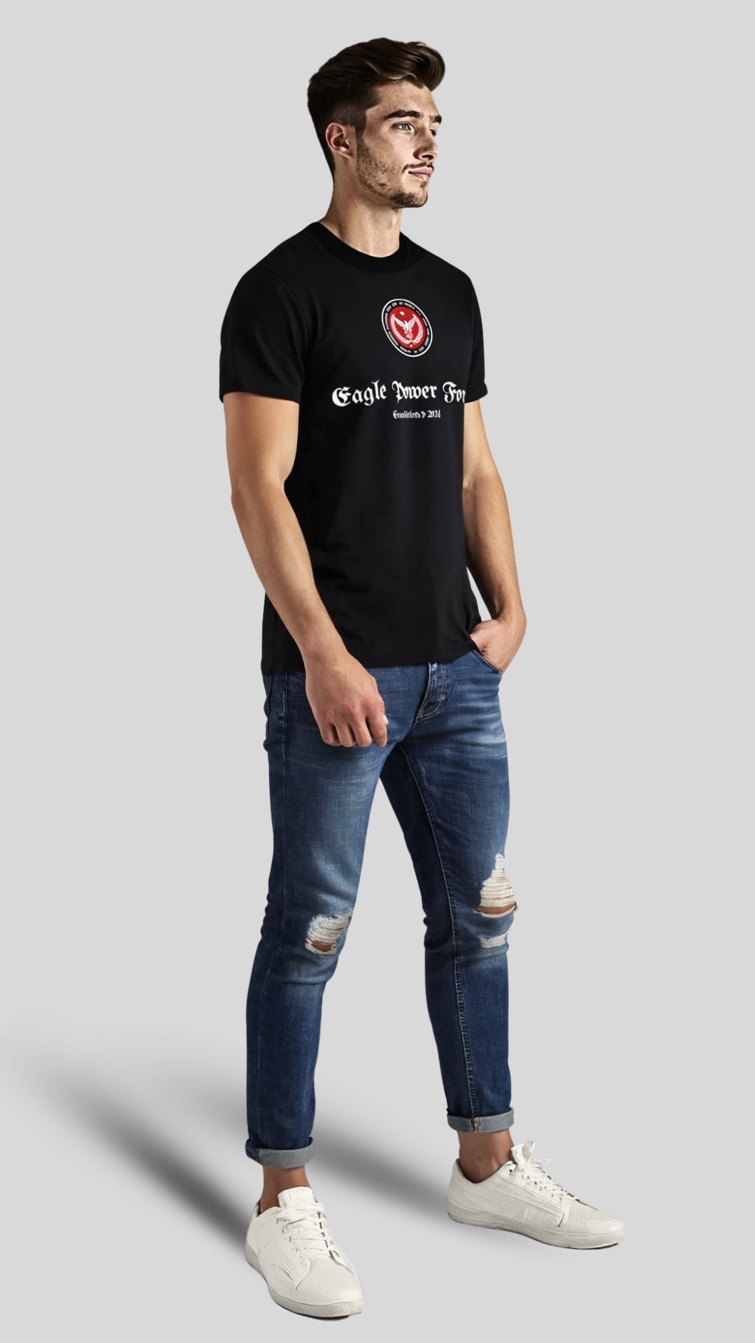 Semi frontal Full body view – Eagle Power Force Boys’ black heavy cotton T-shirt youth casual streetwear