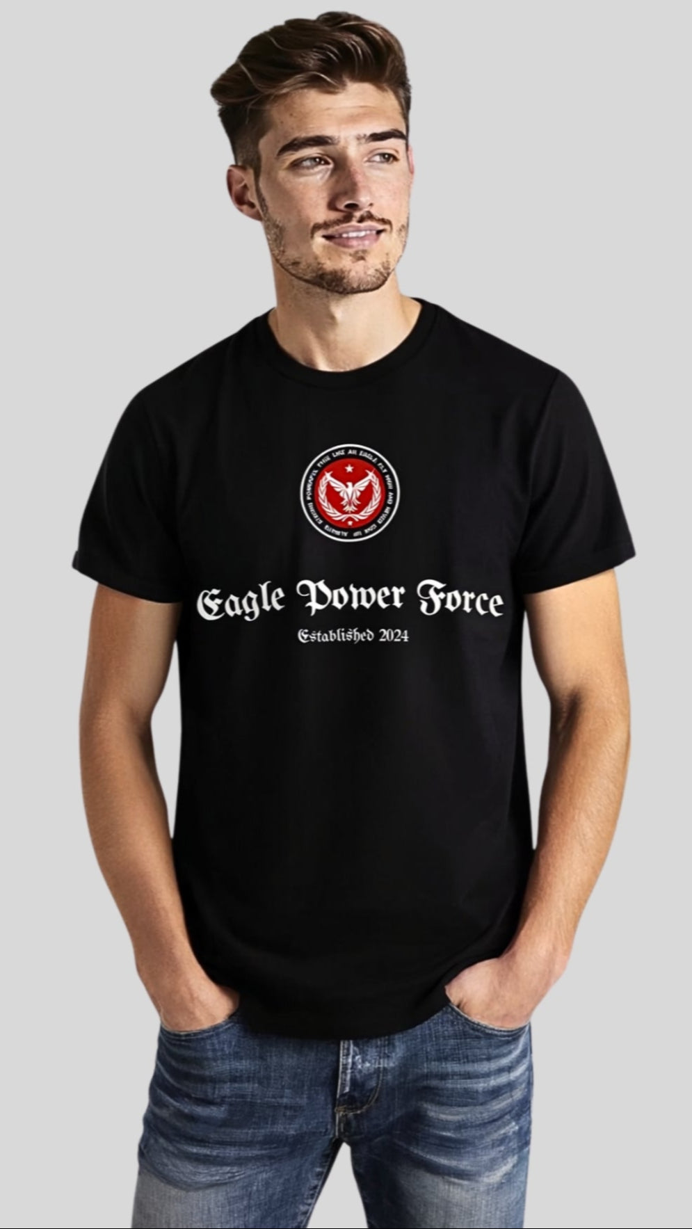 Semi-frontal angle – Eagle Power Force Boys’ black heavy cotton youth streetwear T-shirt