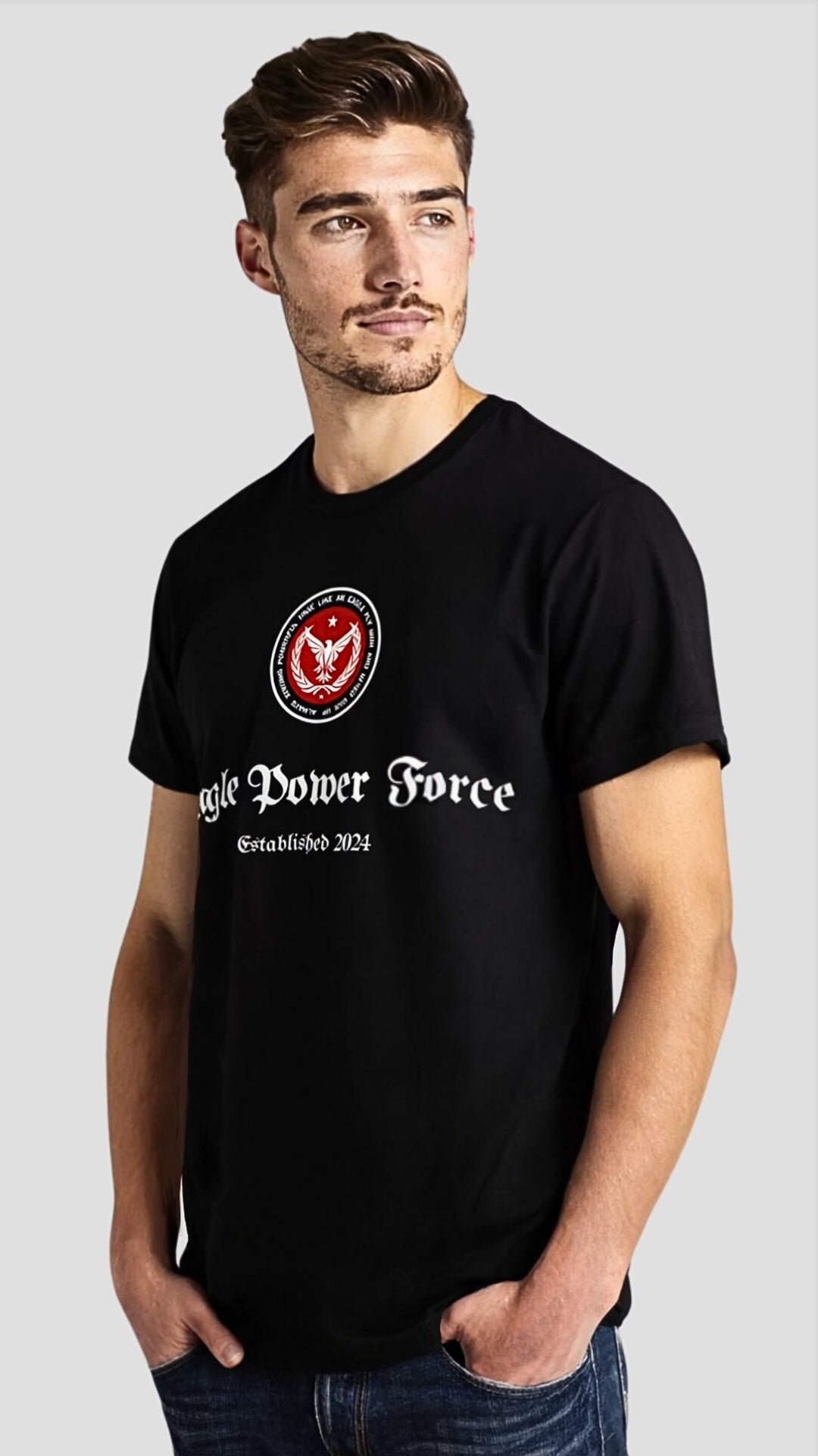 Semi Front torso view – Eagle Power Force Boys’ black heavy cotton T-shirt youth casual fashion