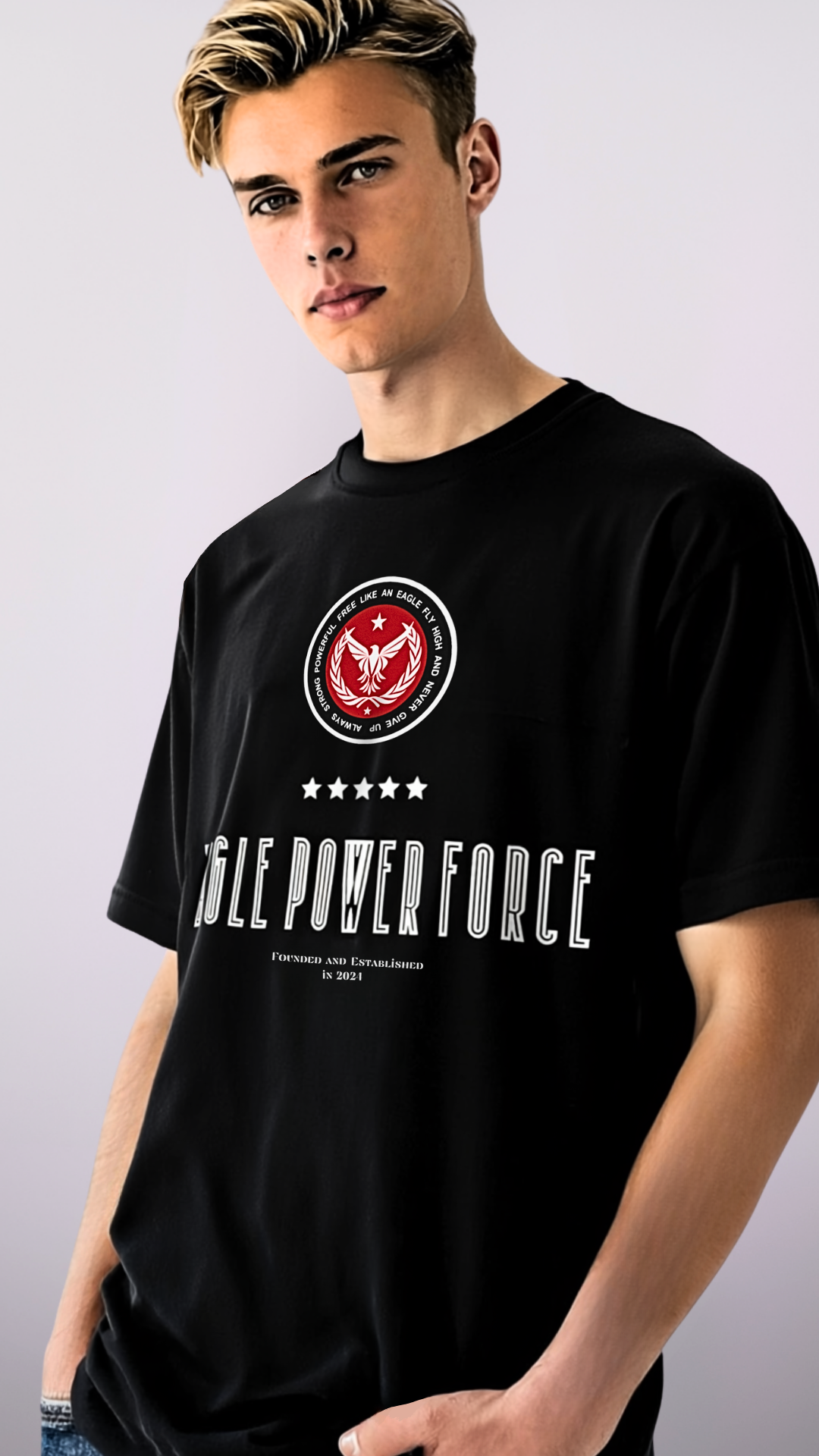 Close-up detail – Eagle Power Force Boys’ black casual streetwear T-shirt EPF Edition R