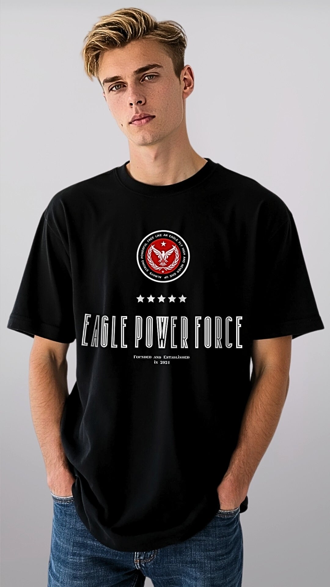 Front torso view – Eagle Power Force Boys’ black oversized streetwear T-shirt EPF Edition R