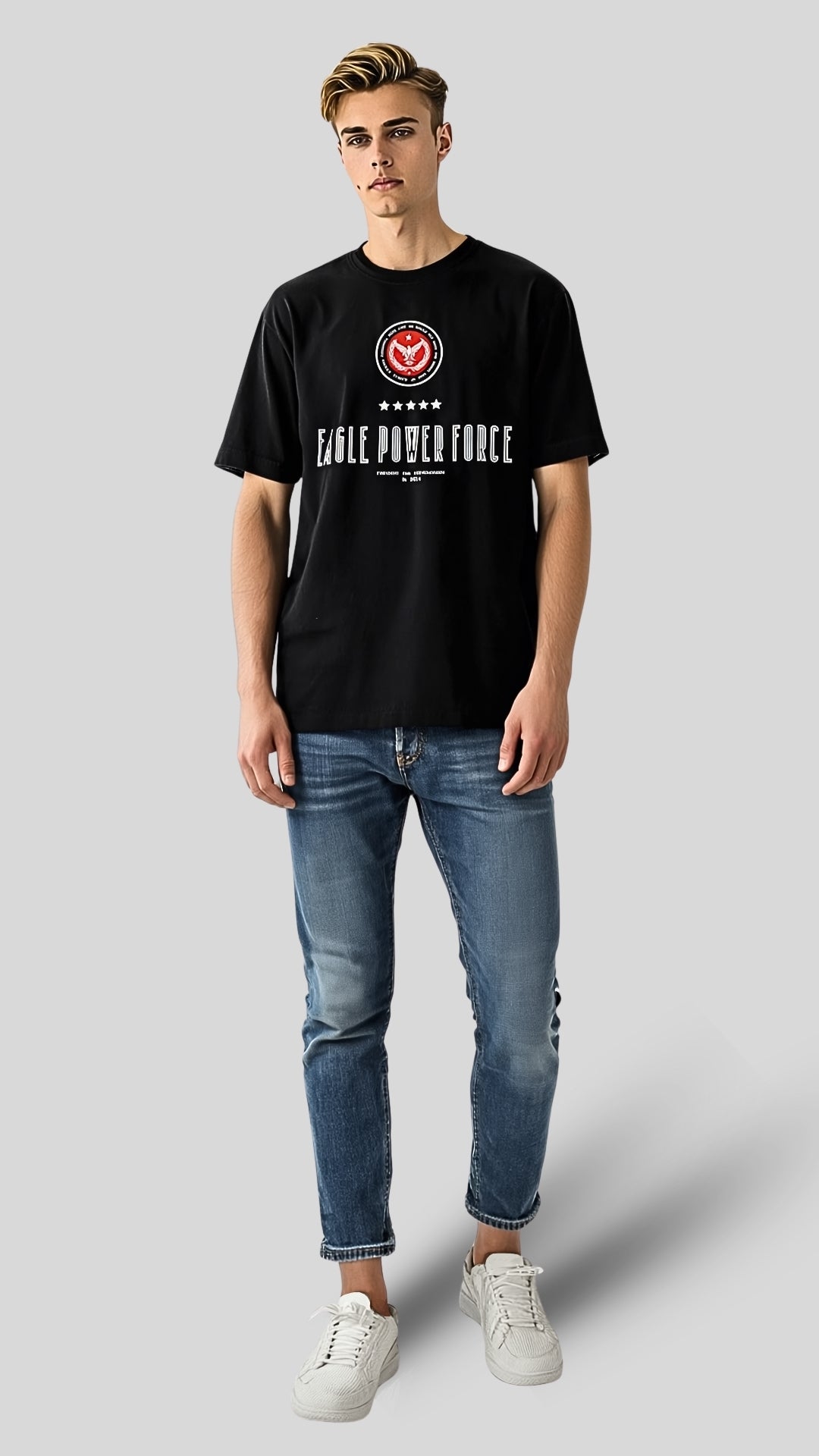 Full body view – Eagle Power Force Boys’ black streetwear T-shirt EPF Edition R2, oversized boxy fit