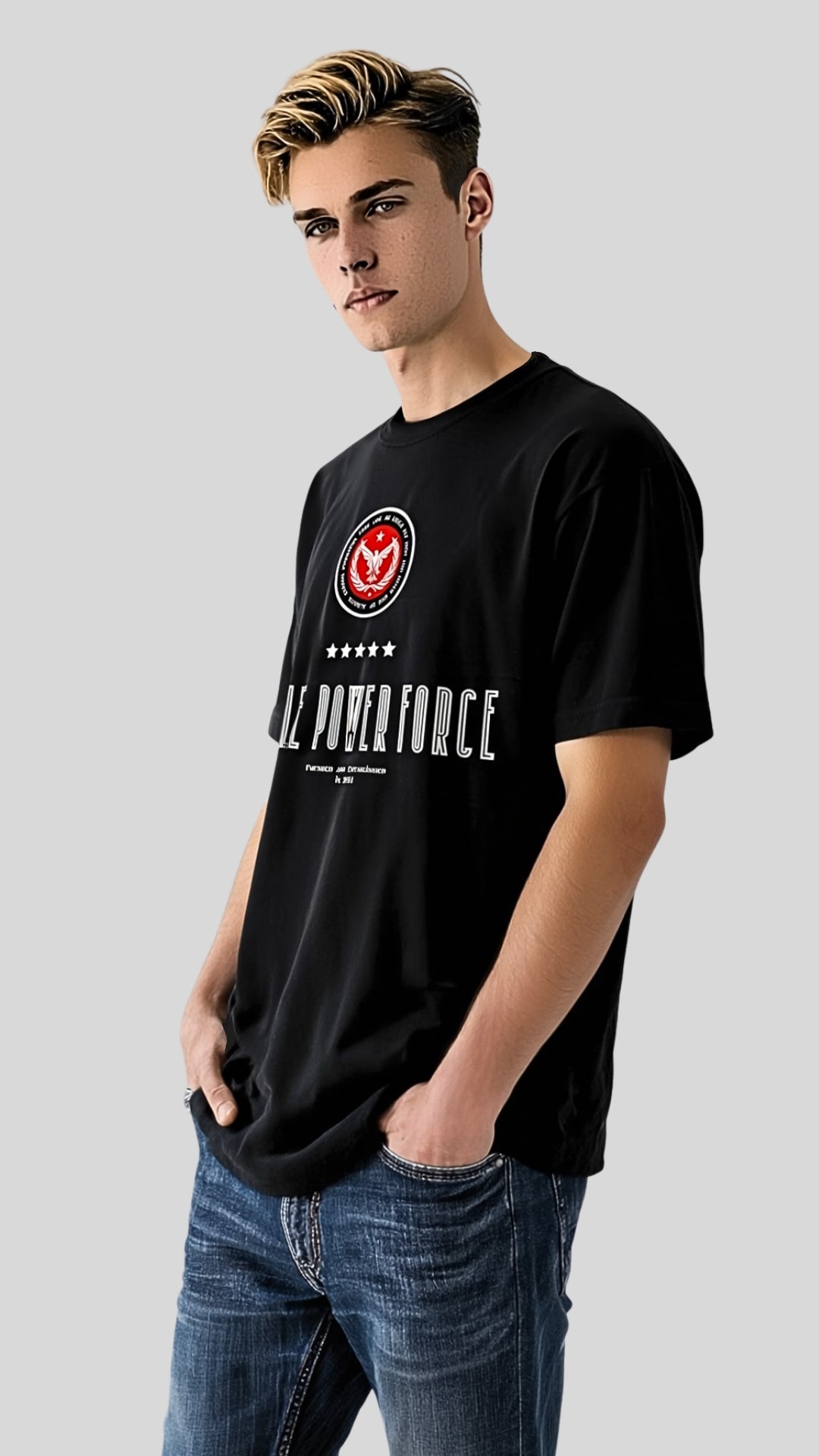 Three-quarter view – Eagle Power Force Boys’ black casual streetwear T-shirt EPF Edition R
