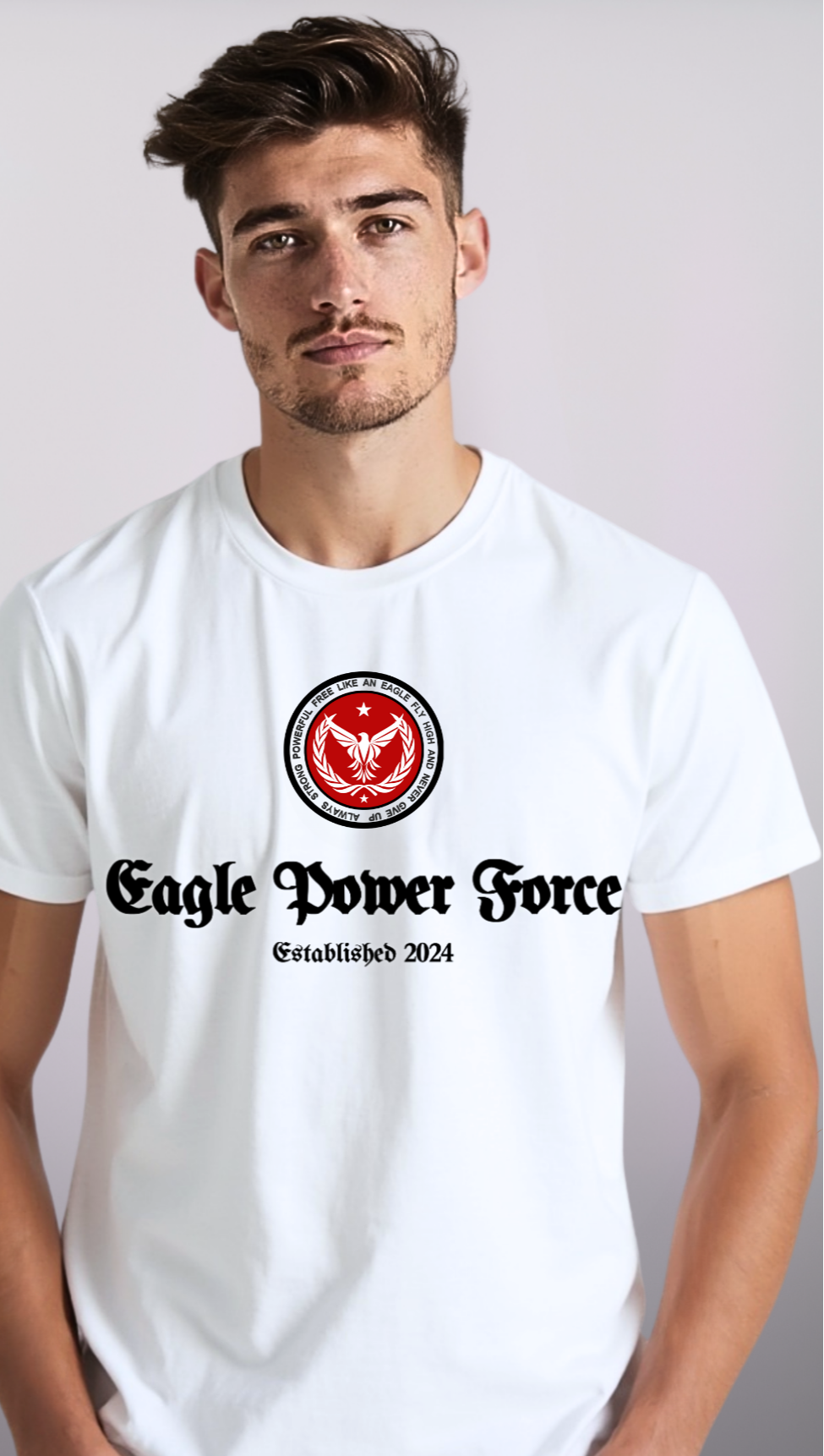 Close-up detail – Eagle Power Force Boys’ white heavy cotton youth T-shirt casual streetwear