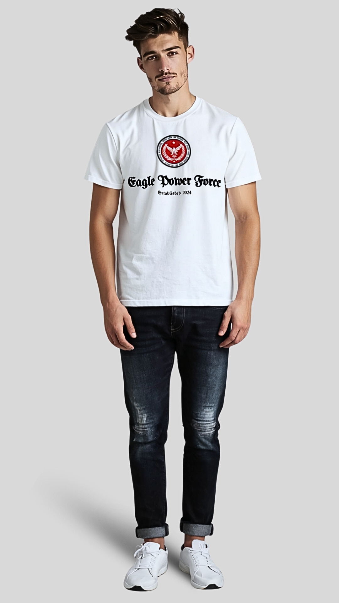 Full body view – Eagle Power Force Boys’ white heavy cotton T-shirt youth casual streetwear..