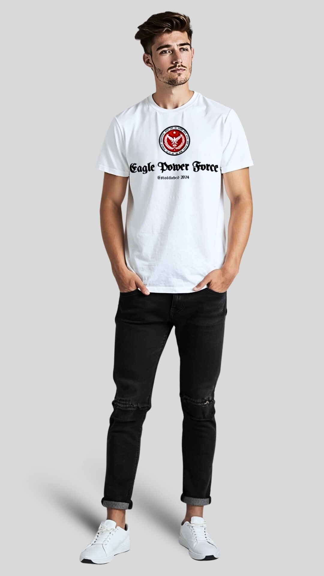 Full body view – Eagle Power Force Boys’ white heavy cotton T-shirt youth casual streetwear