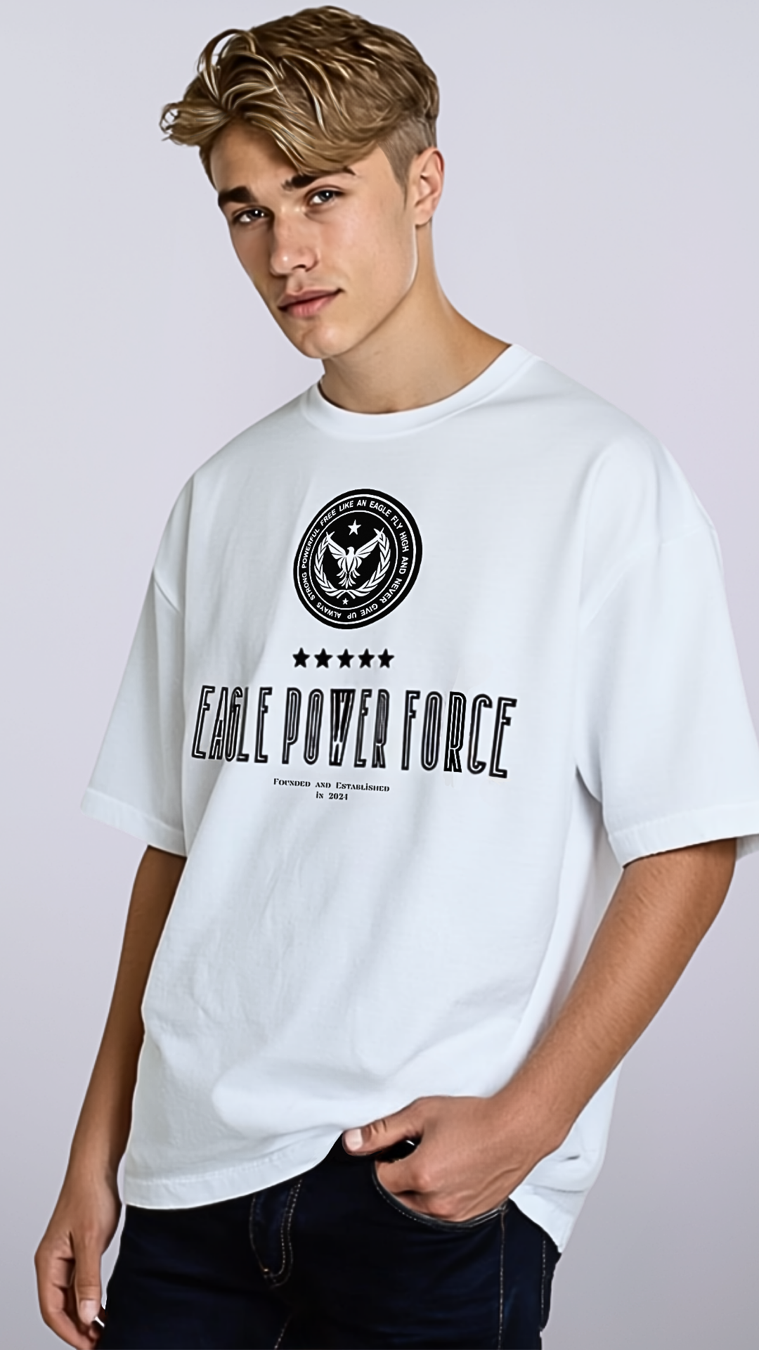 Close-up detail – Eagle Power Force Boys’ white casual streetwear T-shirt EPF Vibe Edition