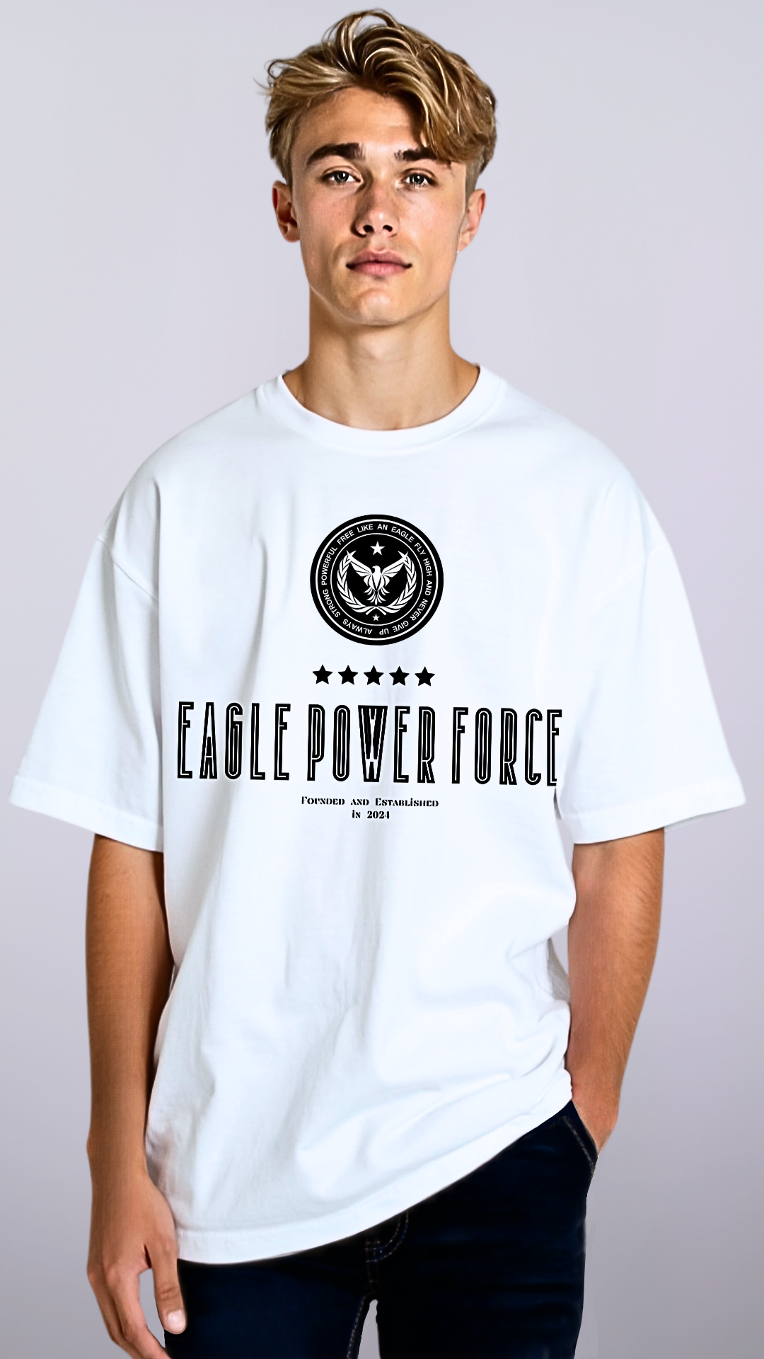 Front torso view – Eagle Power Force Boys’ white casual streetwear T-shirt EPF Vibe Edition