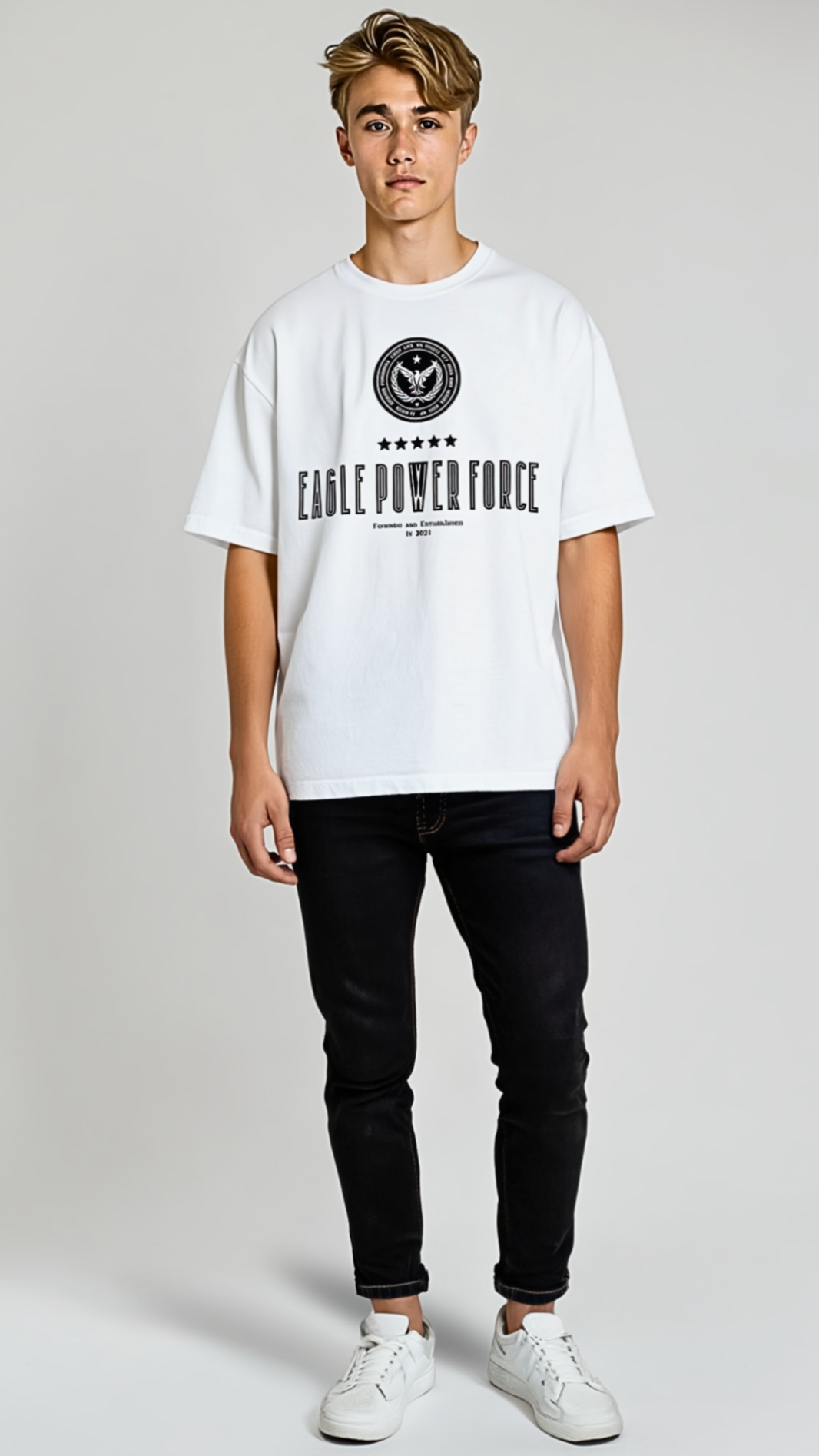 Full body view – Eagle Power Force Boys’ white streetwear T-shirt EPF Vibe Edition, casual urban fashion