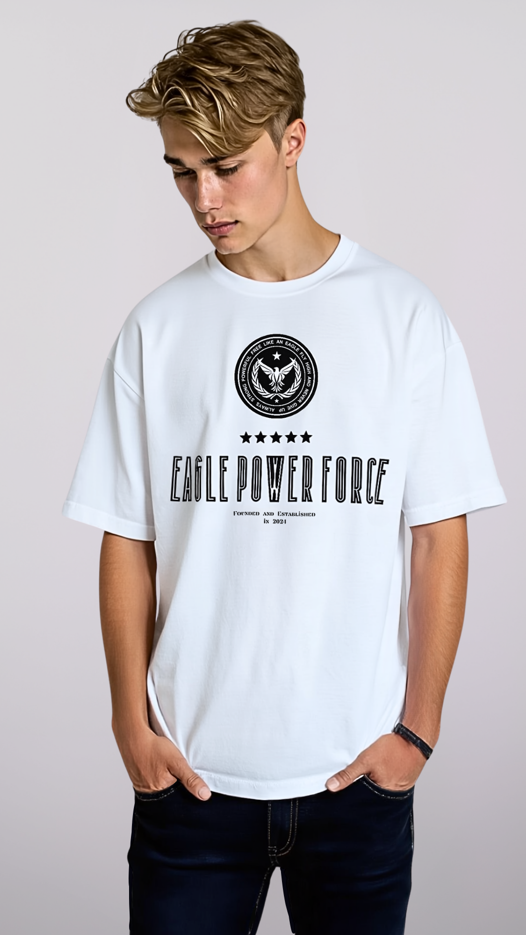 Semi-frontal angle – Eagle Power Force Boys’ white urban graphic tee EPF Vibe Edition
