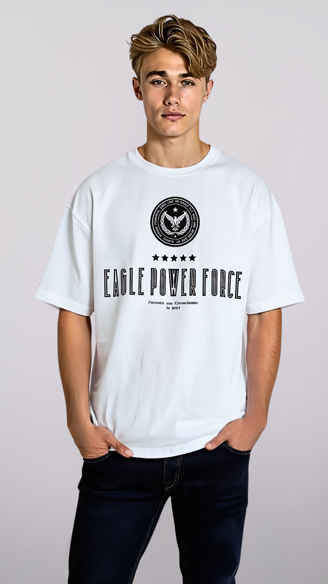 Front torso view – Eagle Power Force Boys’ white casual streetwear T-shirt EPF Vibe Edition