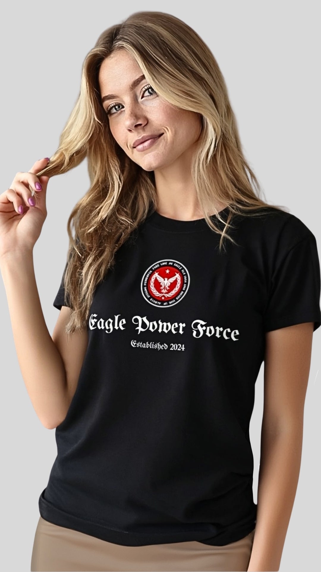 Front torso view – Eagle Power Force Girls’ black heavy cotton T-shirt youth casual fashion