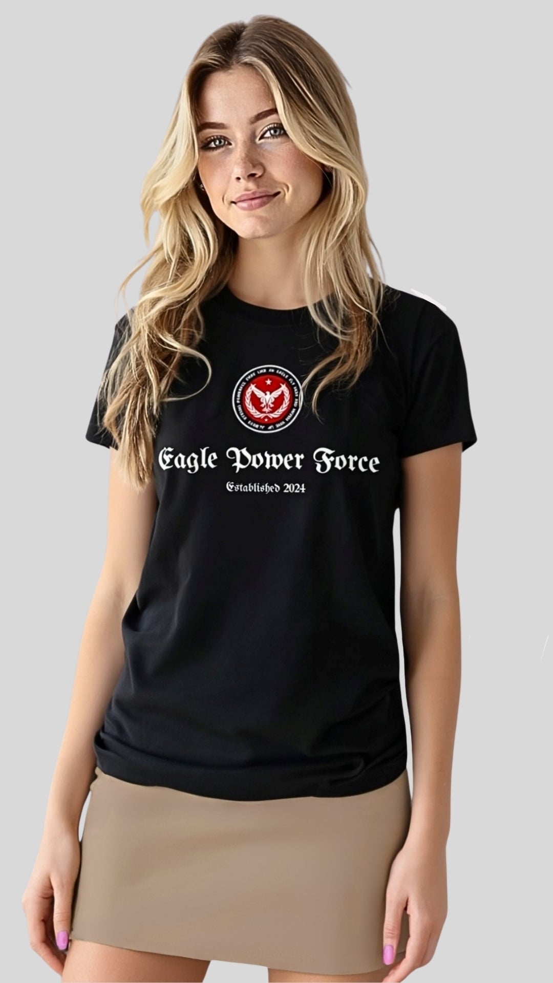 Front torso view – Eagle Power Force Girls’ black heavy cotton T-shirt youth casual fashion