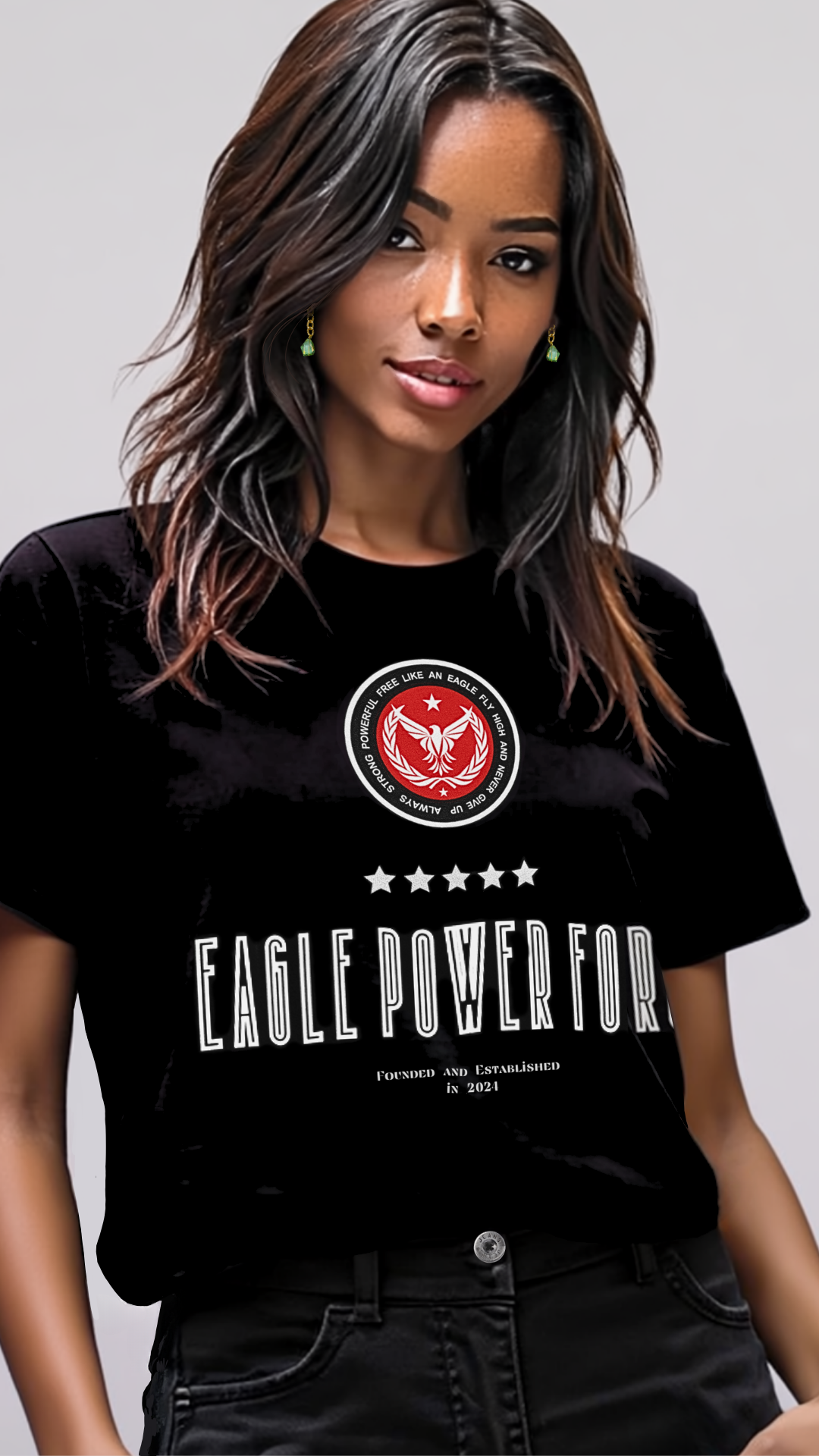 Close-up detail – Eagle Power Force Girls’ black streetwear T-shirt EPF Edition R