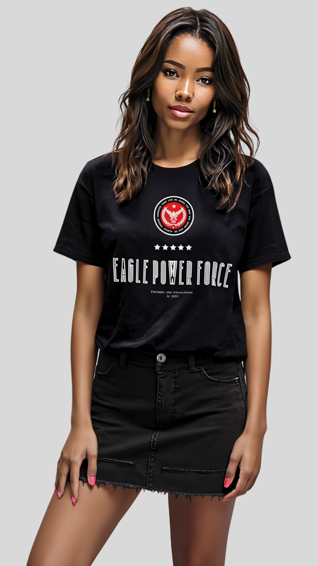 Front three querter view – Eagle Power Force Girls’ black casual streetwear T-shirt EPF Edition R