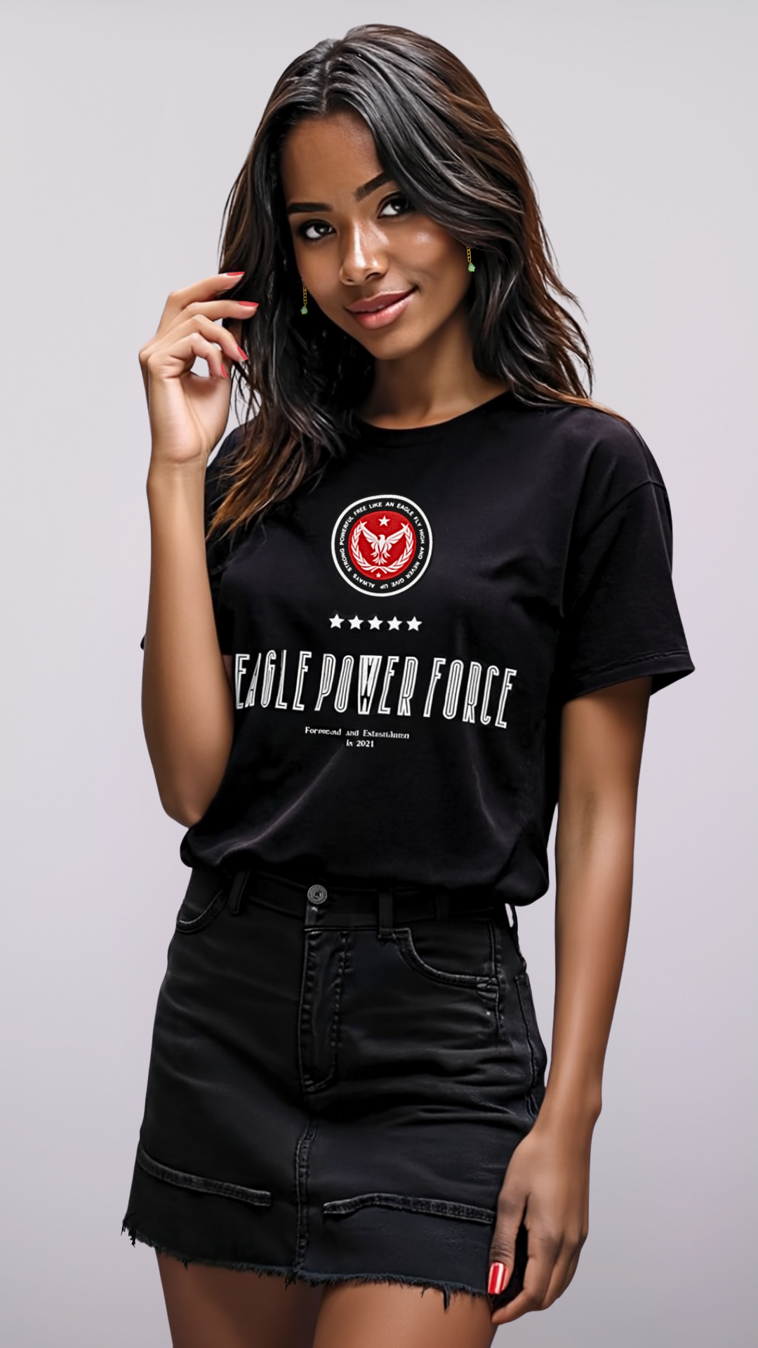 Three-quarter view – Eagle Power Force Girls’ black casual streetwear T-shirt EPF Edition R