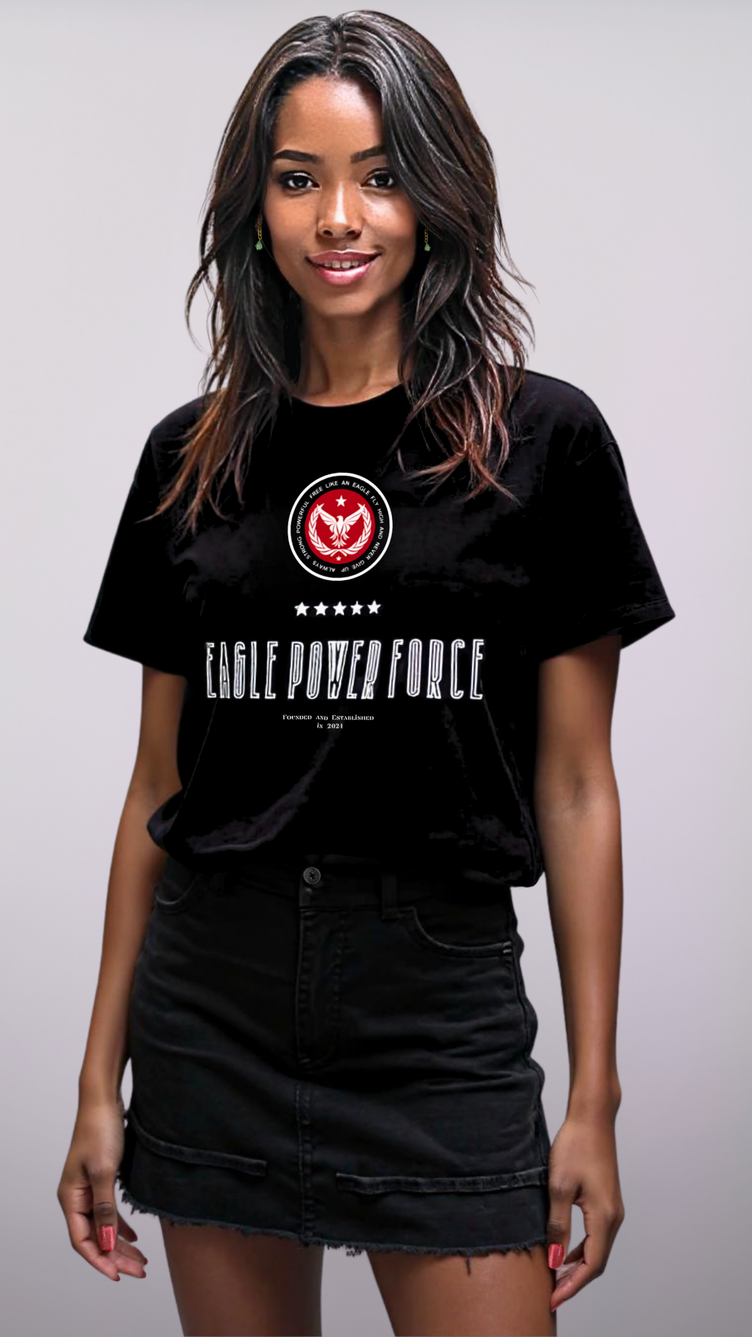 Three-quarter view – Eagle Power Force Girls’ black casual streetwear T-shirt EPF Edition R