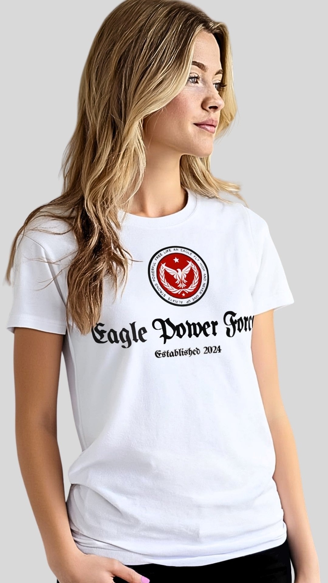 Three-quarter view – Eagle Power Force Girls’ white youth heavy cotton casual T-shirt streetwear style
