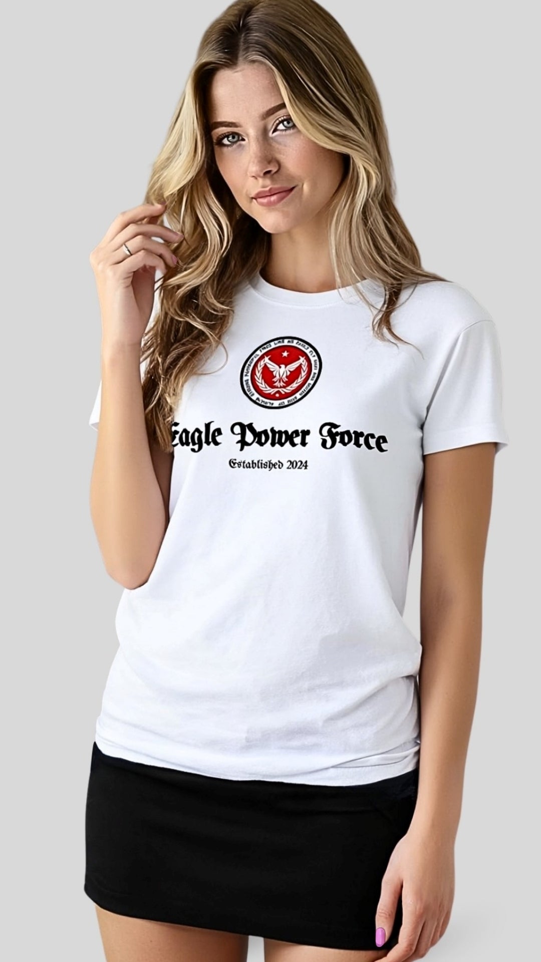 Three-quarter view – Eagle Power Force Girls’ white youth heavy cotton casual T-shirt streetwear style