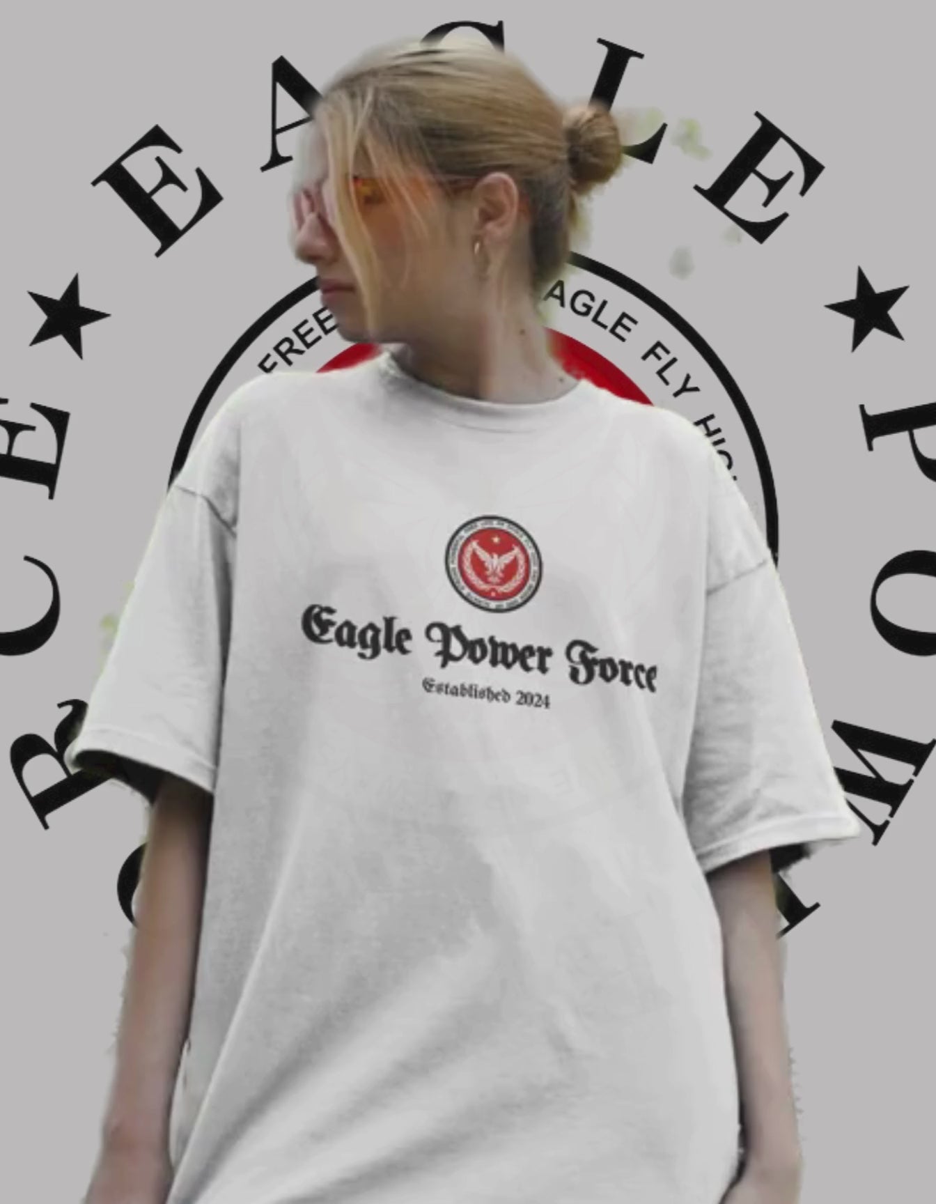 Girl with White Eagle Power Force T-shirt with logo on chest